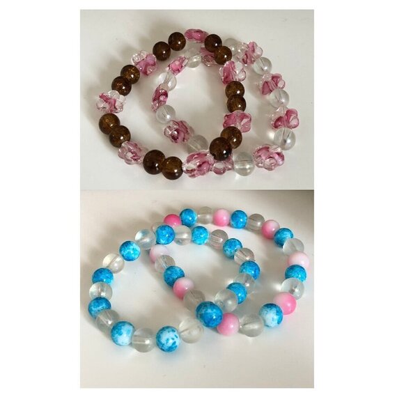 Handmade Glass Bracelets Round Flower Beads Blue Clear Pink Brown, 5.75 to 6.5'' - Picture 1 of 16